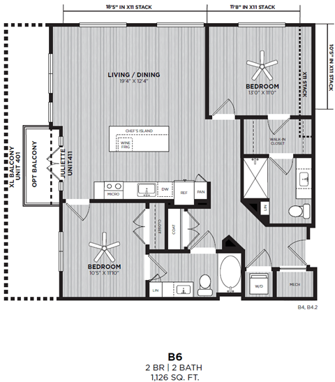 A floor plan for a 2 bath, 1,126 square foot home.